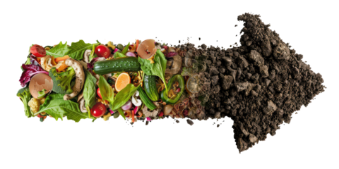 biodegradable compostable recyclable packaging icon logo infographic isolated on transparent background. arrow sign made of soil and compost food waste garbage, composting process zero waste concept