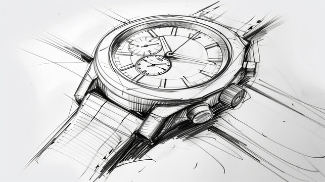 Pencil sketch of a luxury wristwatch. Hand drawn with details, highlighting craftsmanship and design