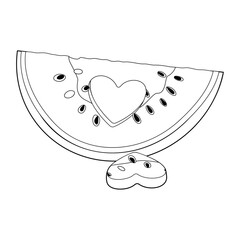 Watermelon slice with heart-shaped hole. Ripe cut watermelon Hand drawn doodle style isolated organic natural dessert, healthy sweet juicy Sliced melon summer fruit coloring page. Vector illustration