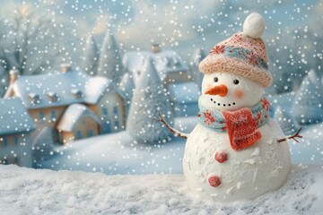 Obraz premium Charming Snowman in a Winter Wonderland with Snow-Covered Houses and Trees in the Background