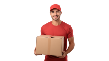 Happy delivery courier cutout. Smiling man with box in hands on transparent background
