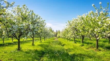 Fototapeta premium Blossoming Fruit Trees in a Vibrant Spring Orchard on a Clear Sunny Day