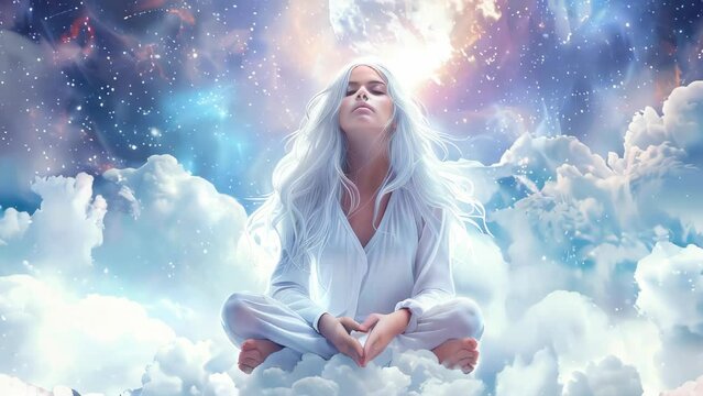 A beautiful young woman meditating on clouds