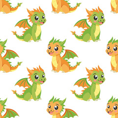 Naklejka premium Seamless pattern, cute colorful dragons on a white background. Cute cartoon dinosaurs. Design for textiles, print