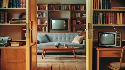 a retro living room interior and view of a home office. View through a door