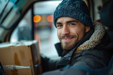 A cheerful delivery man in a winter cap sits inside a van holding multiple cardboard boxes, in a warm winter setting. The scene reflects diligence, reliability, and happiness.