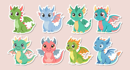 Obraz premium Set of cute cartoon baby dragons. Little dragons or cute dinosaur characters. Fairytale monsters. Stickers, icons, print