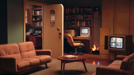 a retro living room interior and view of a home office. View through a door