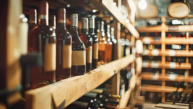 Various wine bottles on shelves in a wine store