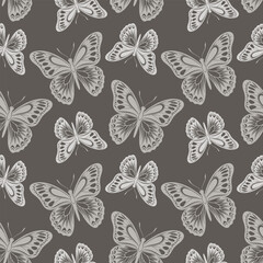 Seamless pattern, luxurious silhouettes of butterflies. Background with monochrome insects. Design for textiles, print