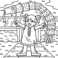 Year of the Snake Child with Snake Puppet Coloring