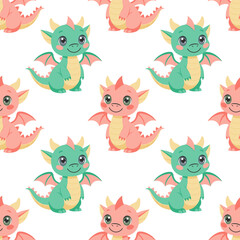 Seamless pattern, cute colorful dragons on a white background. Cute cartoon dinosaurs. Design for textiles, print