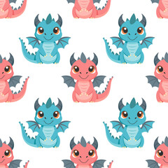 Obraz premium Seamless pattern, cute colorful dragons on a white background. Cute cartoon dinosaurs. Design for textiles, print