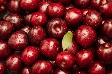 juicy, delicious cherries in a splash of water on a dark background.
