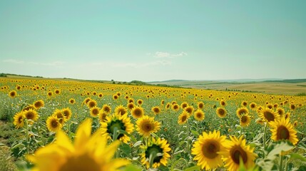 Obraz premium Sun-kissed Horizon: Vast Yellow Sunflower Field under Clear Blue Sky