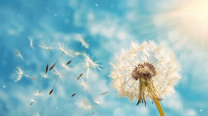 Whimsical Dandelion Seeds Dancing in the Wind under Clear Blue Sky