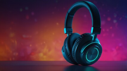 World Music Day, a headset of headphones on a background of neon light. An event dedicated to the Music Day. A closeup of a players headphones.