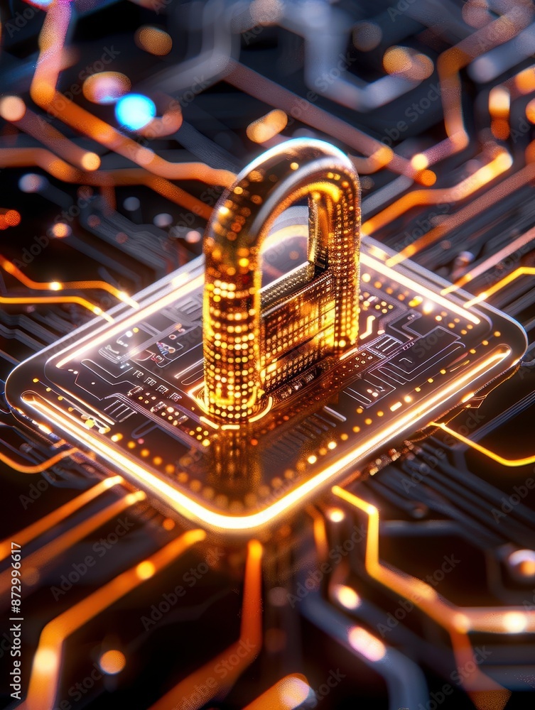 Poster a futuristic digital padlock on a glowing circuit board symbolizing cybersecurity and data protectio