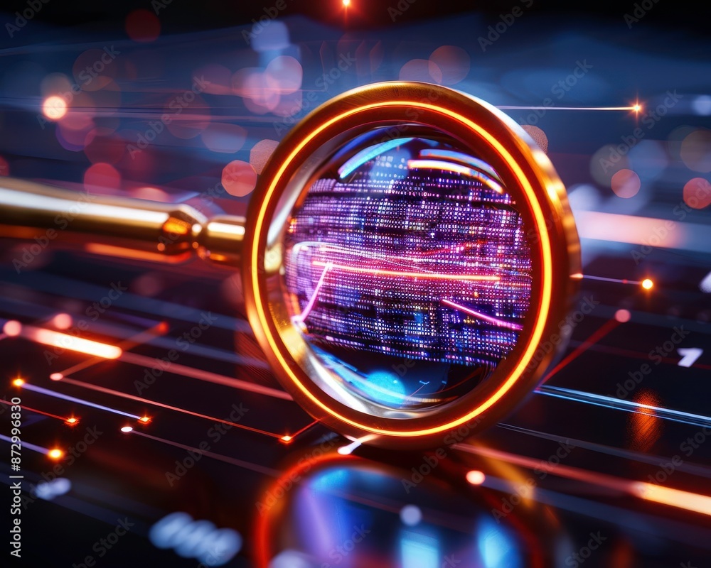 Poster a magnifying glass focusing on digital data, symbolizing data analysis and cybersecurity in a futuri