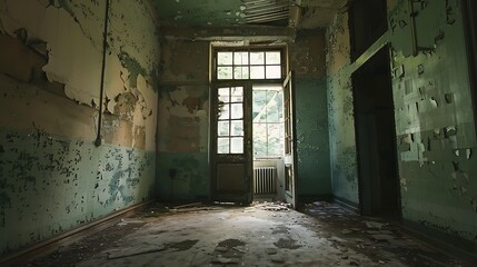 Obraz premium Abandoned Room with Barred Window, Crumbling Walls, and a Broken Chair, A Haunting Reminder of the Past