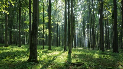 Obraz premium Tranquil Forest Canopy: A Verdant Oasis of Tall Trees Embracing Nature's Serenity