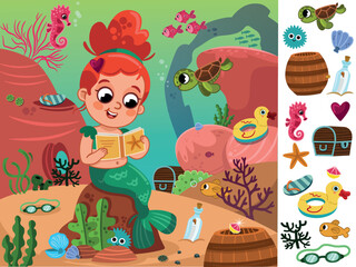 Hidden object finding game under the sea featuring sea life and a little mermaid. Vector illustration for little children.