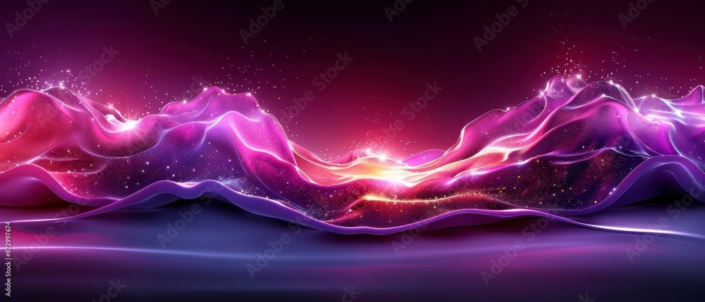 Poster abstract purple wave landscape with glowing light particles, creating a dreamy and surreal atmospher