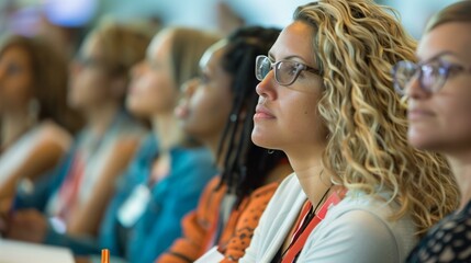 Obraz premium Group women sitting in conference room listening to presentation, indoors intelligent inspiration