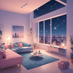 modern living room interior anime style