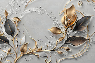 Wallpaper 3D. Golden branch with leaves on a white background. Wallpaper 3D Golden branch on a white background.