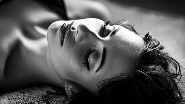 Black and white photo of a woman laying on her back in a pose
