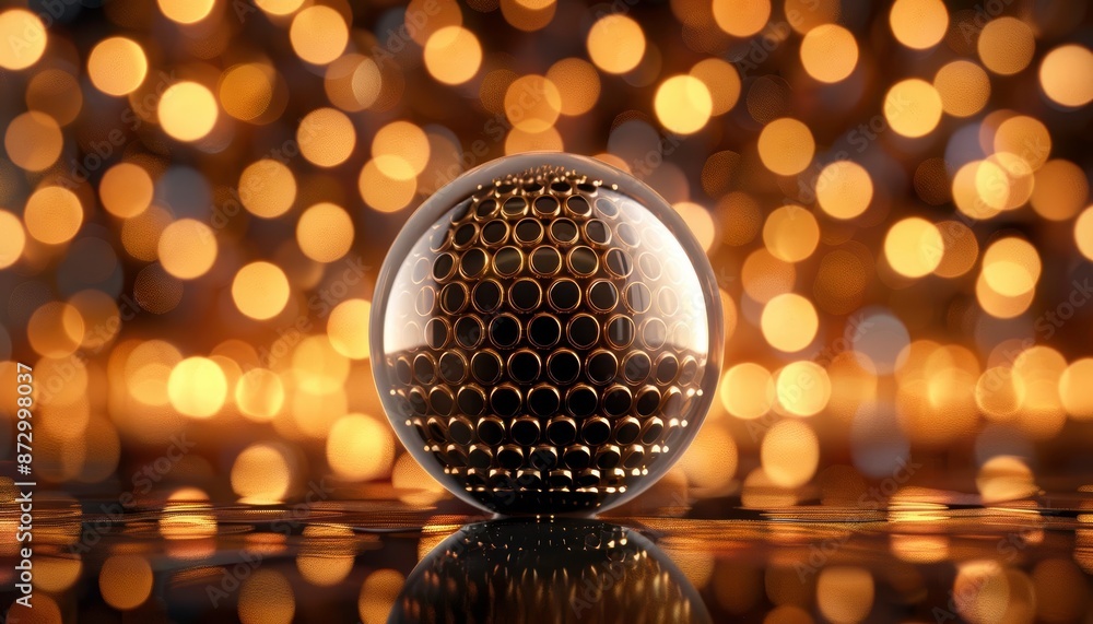 Poster close-up of a crystal ball with dark golden intricate patterns reflecting bokeh light in the backgro