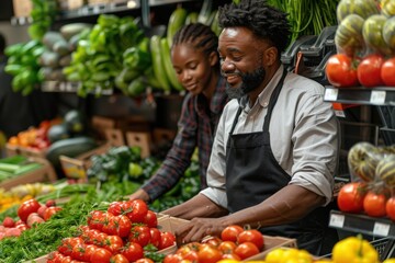 A male and female employee are stocking fresh vegetables in the produce section of a grocery store. The image showcases teamwork, fresh produce, and the day-to-day rhythm of retail.