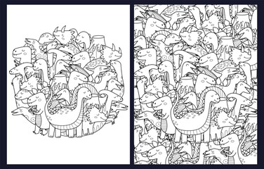 Cute doodle dinosaurs coloring pages set. Black and white templates bundle with funny dino characters. Outline background. Vector illustration © juliyas