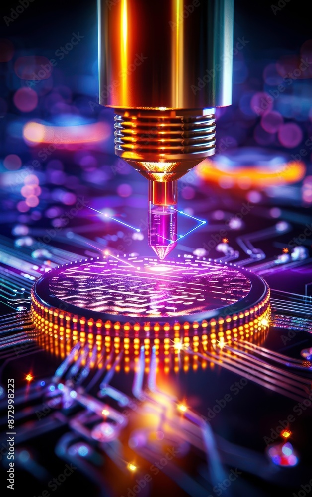Poster close-up of a microchip manufacturing process with advanced technology, featuring a glowing circuit 