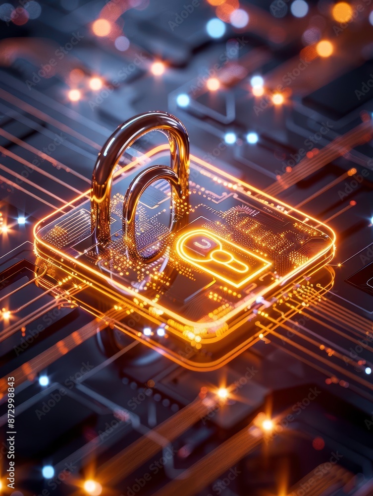 Poster digital padlock on a glowing circuit board symbolizing cybersecurity, encryption, and data protectio