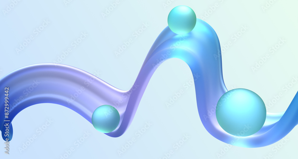 Poster 3d abstract liquid ribbon wave line with glow turquoise magic spheres, energy balls. fluid flow tran