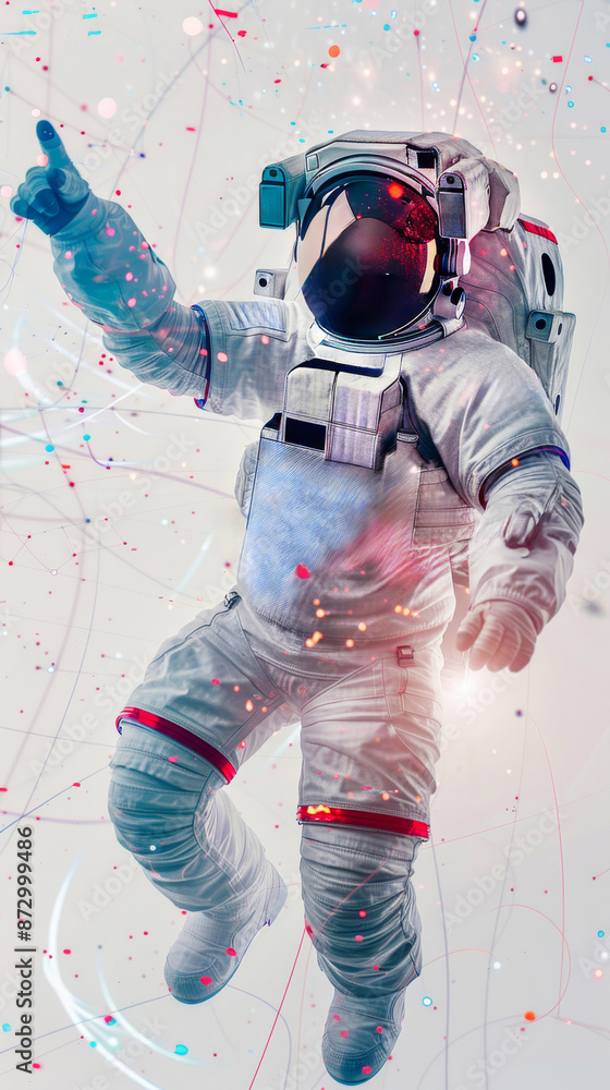 Poster astronaut in spacesuit floating in abstract background with colorful particles, futuristic space exp