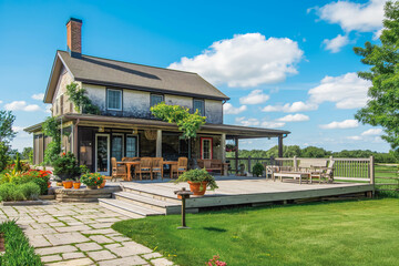 A farmhouse-style house with a large wooden deck, rustic decor, and open fields.