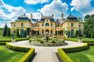 A glamorous mansion with a grand entrance, circular driveway, and manicured lawns.
