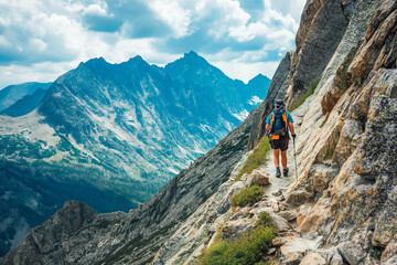 A man climbing a rocky mountain trail, with breathtaking views behind him.