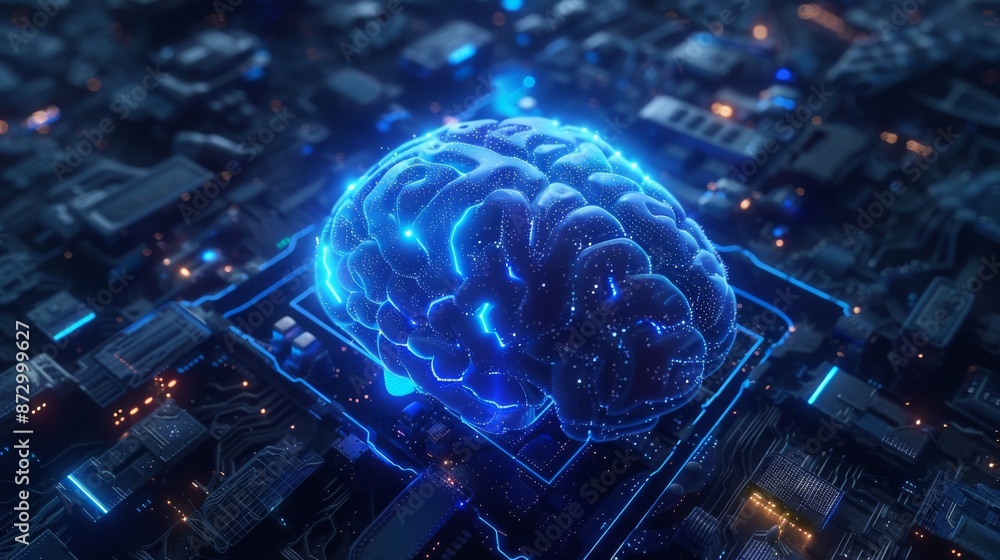 Aufkleber artificial intelligence concept with illuminated digital brain on circuit board