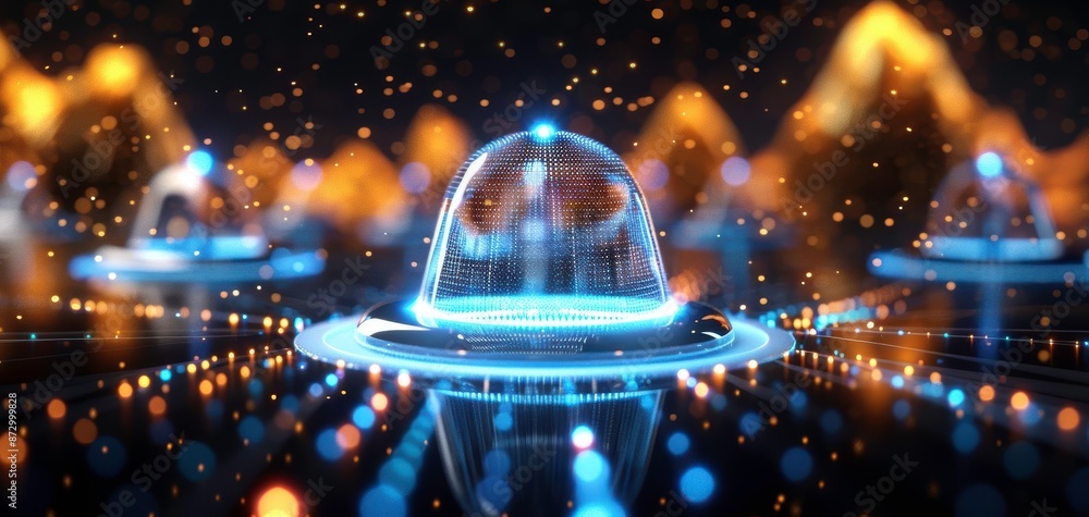 Poster futuristic abstract glowing domes with light trails and bokeh effect, representing technology and mo