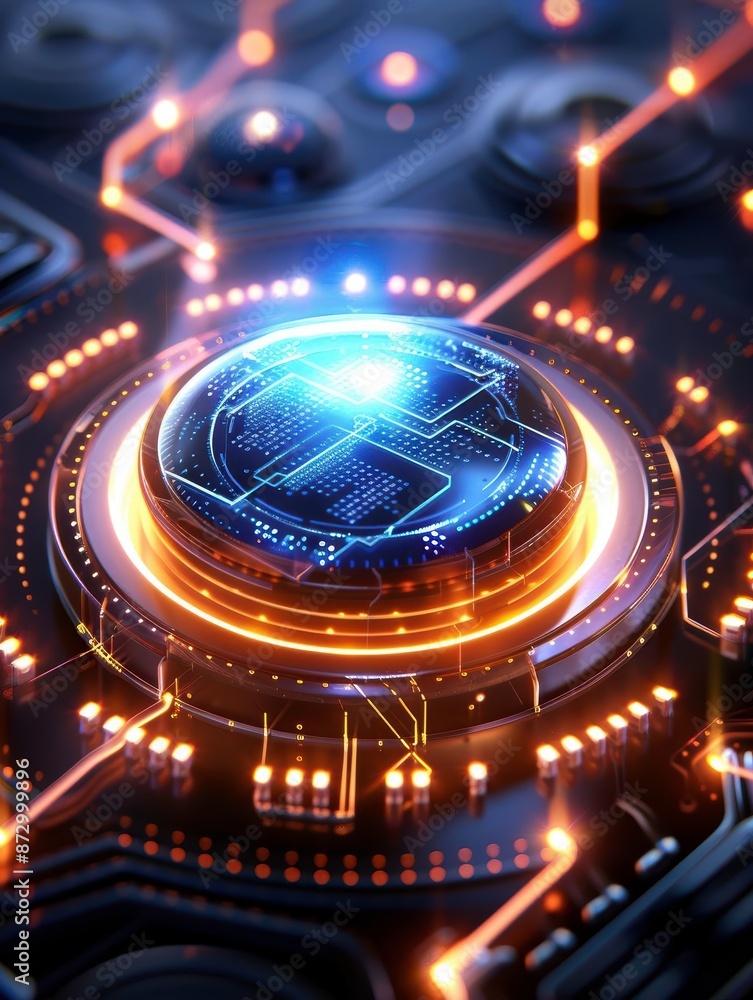 Poster futuristic blockchain technology concept with glowing circuitry and central digital element, represe