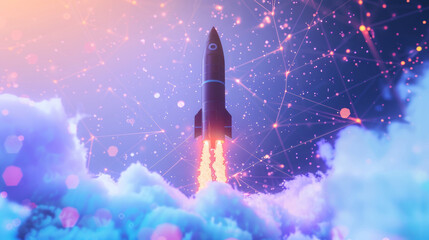 Rocket launching into space with colorful background, futuristic and innovation concept
