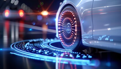 Fototapeta premium Futuristic car wheel with glowing technology and dynamic lighting on a sleek vehicle, highlighting advanced automotive and modern design.
