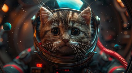 Cat in astronaut suit floating in space, cute and surreal concept