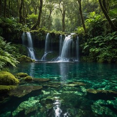 "A lush green forest with a waterfall cascading into a crystal-clear pool"