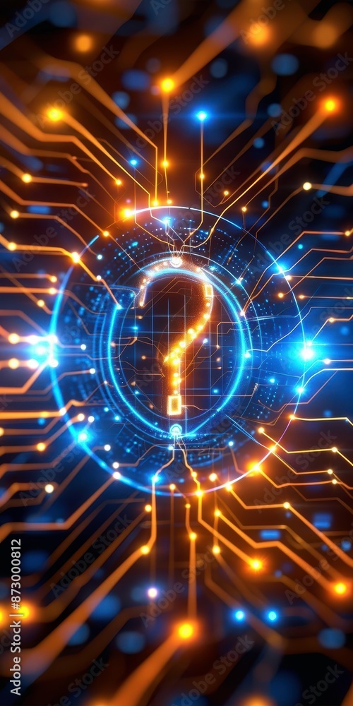Poster futuristic digital question mark with circuitry background, symbolizing technology, innovation, and 