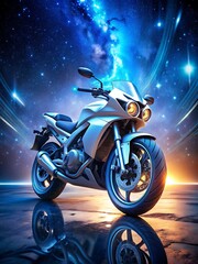 A futuristic motorcycle with glowing accents, displayed on a platform with a starry sky backdrop.
